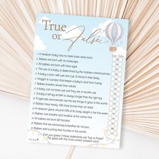 Baby Shower Game True or False Blue Boys Hot Air Balloon Theme Up and Away Quiz