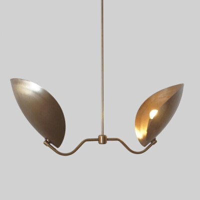 2 Light Curved Disk Shades Handmade Mid Century Modern Brass Sputnik Chandelier