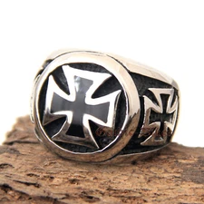 Mens Maltese Iron Cross Stainless Steel German Ring Silver/Black Punk Biker Gift