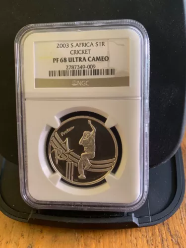 South Africa 2003 Protea Proof Silver Rand. NGC Cricket