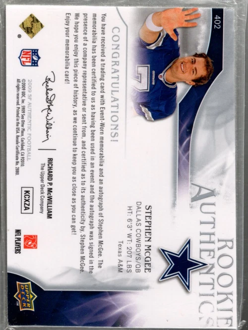 A1642- 2009 SP Authentic #402 Stephen McGee RC Auto Patch /999 SAMPLE PIC - Image 2 of 2