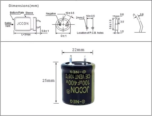 Condensateur JCCON 400V 100uF polarisé High Quality Aluminium capacitor 22x25mm - Photo 2/7