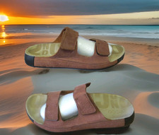 ECCO Cozmo Mens 12-12.5 Two Band Slide Sandal Camel Brown Leather Fluidform