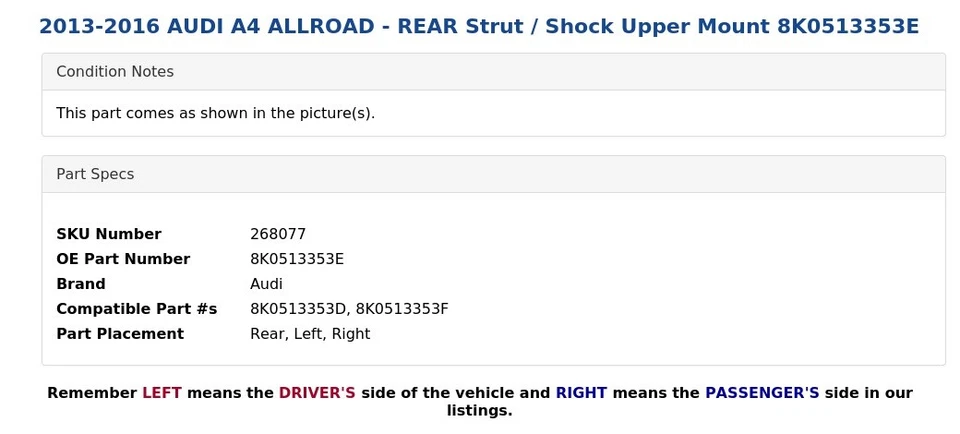 AUDI A4 ALLROAD 2013-2016 - puntal trasero/amortiguador montaje superior 8K0513353E Foto 4 de 4