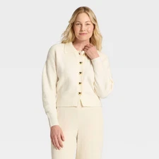 Women's Long Sleeve Heart Button Cardigan Sweater - A New Day Cream