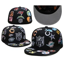 "BOXED Men's NFL Multi-Teams Patch Allover Logos Cap 59FIFTY Fitted Hat Era Sewn
