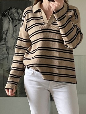 Scotch & Soda Lagenlook klassischer kastiger Pullover camel beige/schwarz Streifen Gr. L