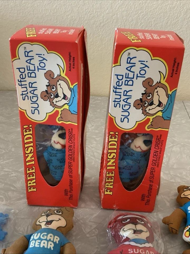 Lote de mini juguetes de peluche de oso azucarero vintage de cereal crujiente dorado de General Foods Post Foto 2 de 4