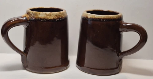 Pair Of Monmouth Pottery Beer Mugs Tankards Ceramic Brown Drip Glaze