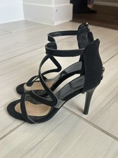 Women's Black Strappy Stiletto Heels, Ankle Strap, Zip Closure, Open Toe, 36