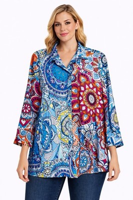 Ali Miles $84 Sz 1X Top Colorful Blouse Boho Mandala Print Shirt 3/4 Sleeve NEW