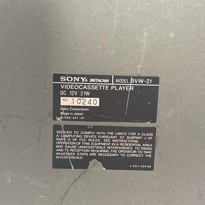Vintage Sony Betacam Video Cassette Player - BVW-21 Untested Parts