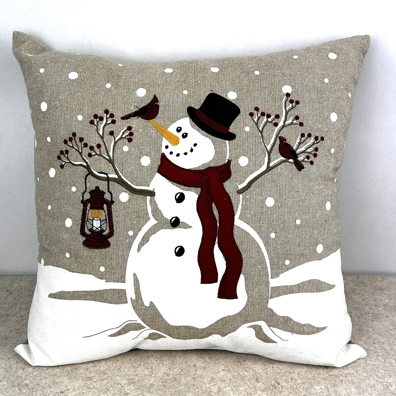 Winter Snowman Throw Pillow Burlap Stitched Holiday Snow Scenery Robin Bird 16”