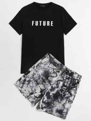 SHEIN Men Letter Graphic Tee Tie Dye Drawstring Shorts Set