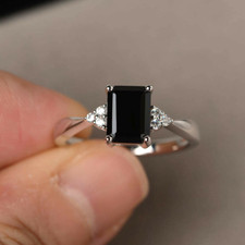 3.50Ct Emerald Cut Black Diamond Solitaire Engagement Ring 14K White Gold Finish