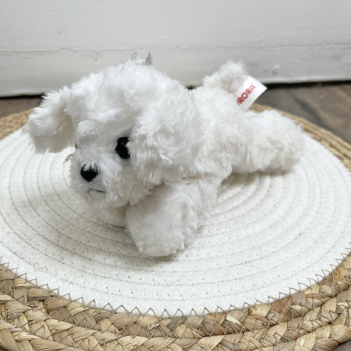 Aurora Fluffy White Plush Dog with Tiny Tiara Crown Small Stuffed