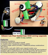 Solderless 3 Pickup Les Paul Wiring Harness- Long shaft Pots / 6 position Switch