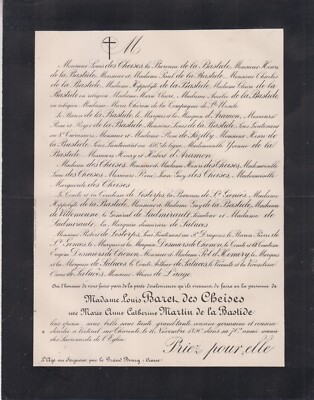 1890 Sterbeurkunde Frau Louis BARET des CHEISES geboren MARTIN de la BASTIDE.