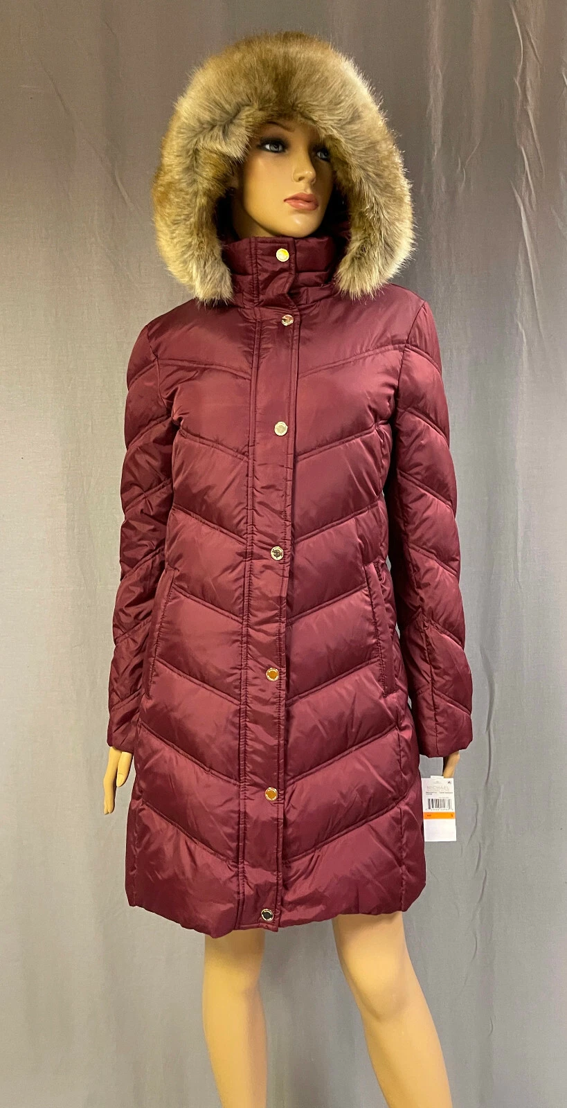 211009 CAPPOTTO TAMPONE MICHAEL KORS NUOVO CON ETICHETTE $340 BRANDY SCURO IN PELLICCIA SINTETICA TAGLIA S