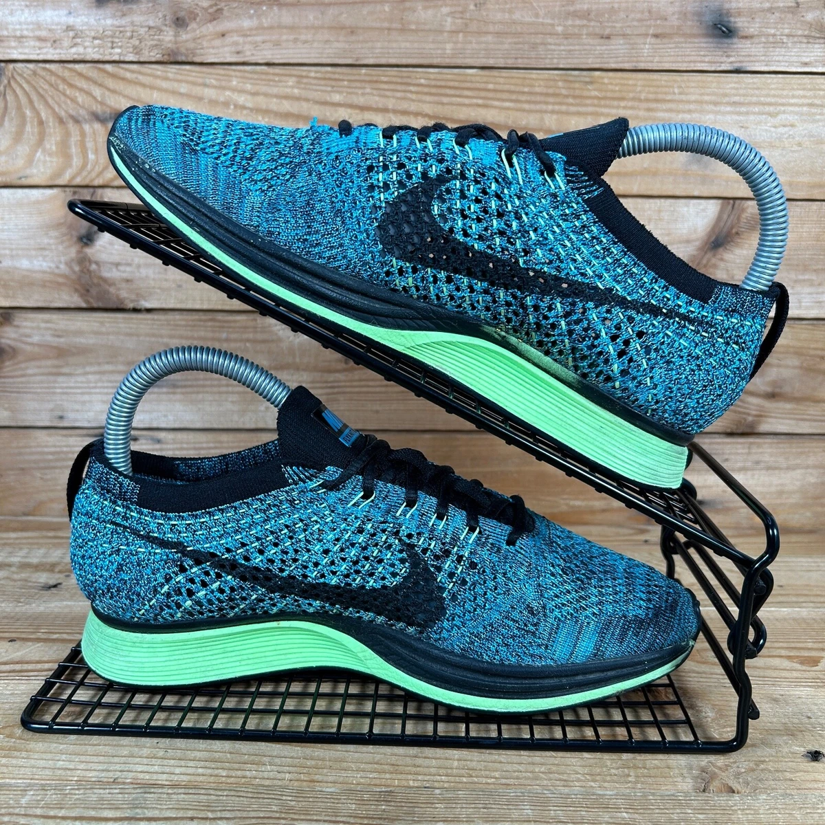 NIKE Flyknit Racer Shoes Womens Size UK 5 Blue Gecko Lagoon Black Knit Trainers