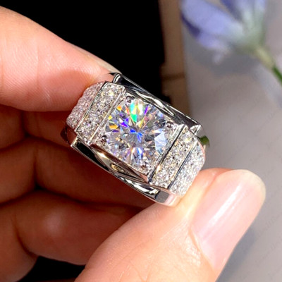2,89 kt runder zertifizierter Moissanit Herren Verlobungsring 14 K Weißgold vergoldet
