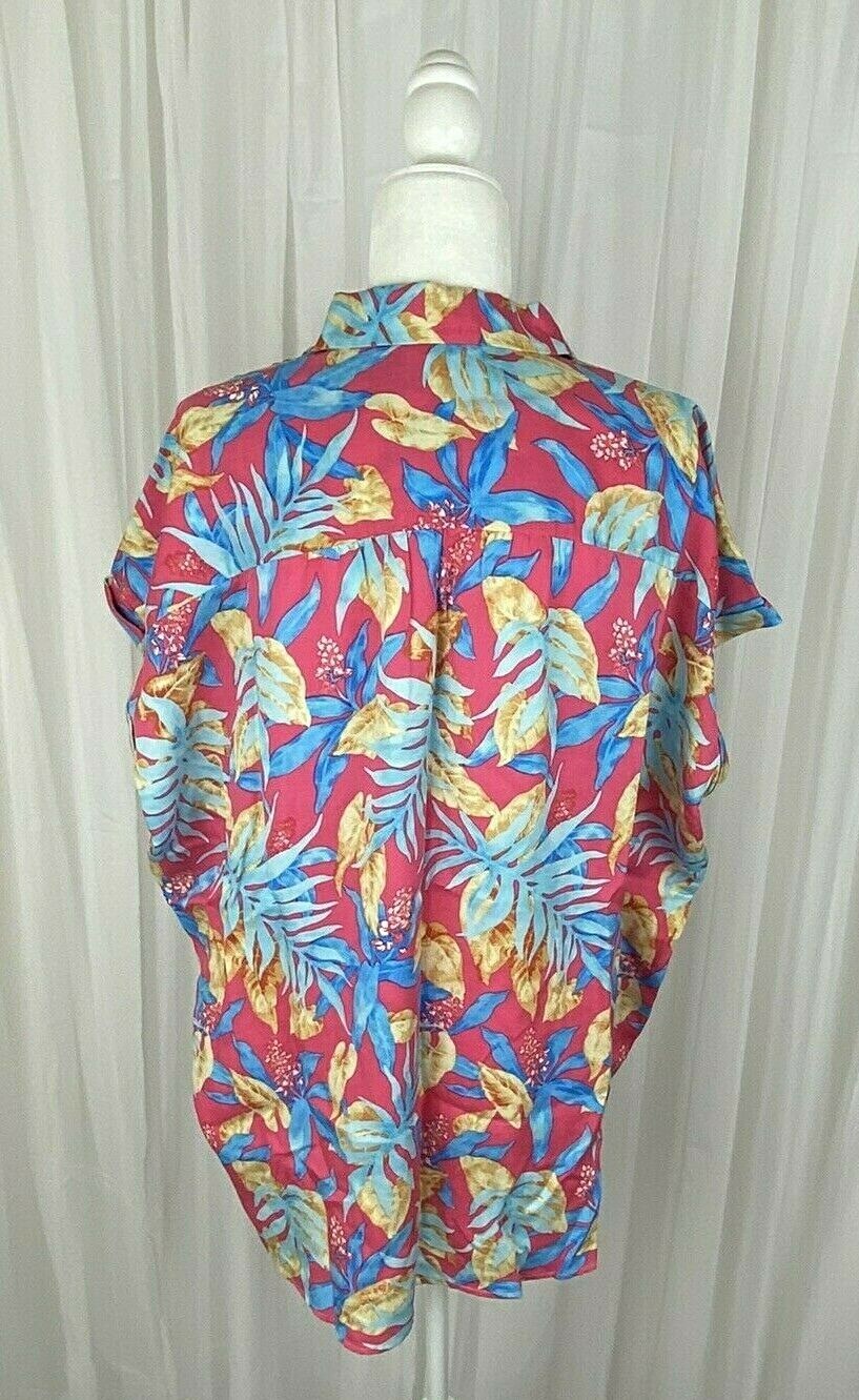 J Mclaughlin Sz M Coral Tropical Leaf Print Short Sleeve Blouse New $168