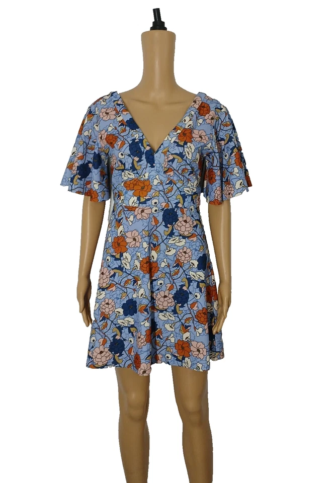 Zara Go Go Hippie 70 年代风格连衣裙蓝色花卉迷你短袖 V 领喇叭 — 第 3/4 张图片