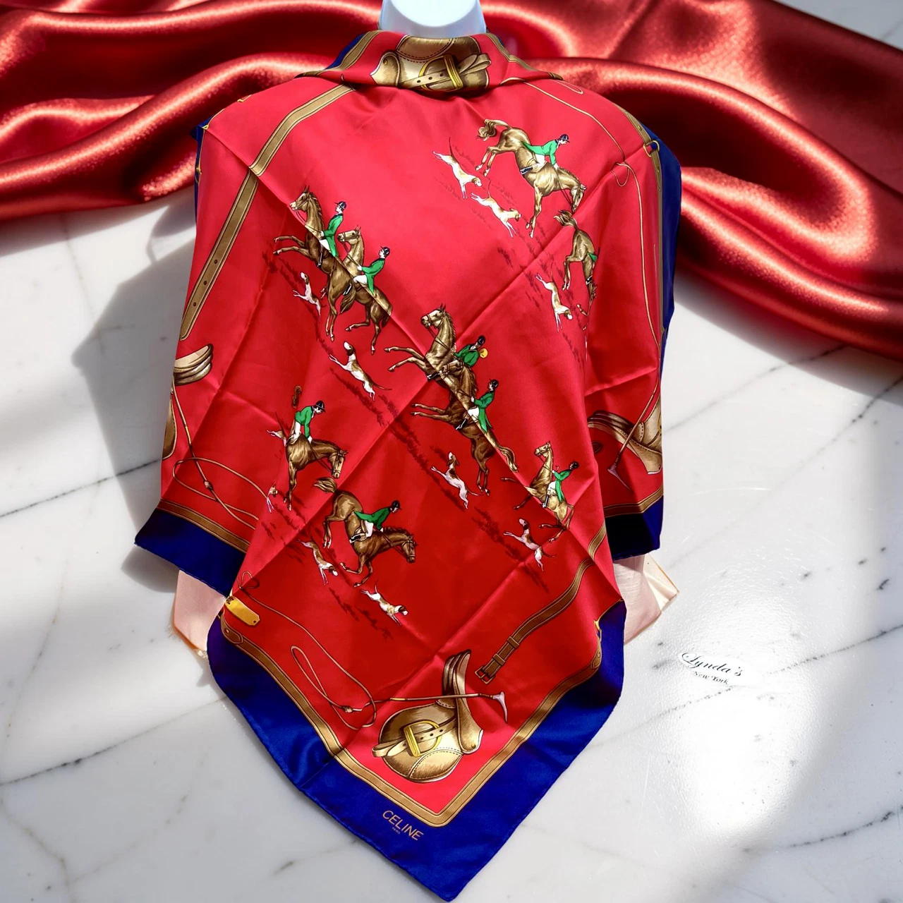 Unused-CELINE Paris 100% SilkScarf 34" x34" Red Blue Hourses Dogs Italy Made(59