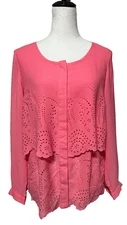 NY Collection Top Womens Medium Pink Tiered Scallops Button Up Career NWT