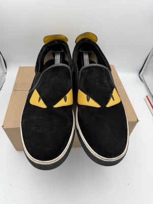 Fendi Monster Bag Bugs Eyes Spike Slip On Sneakers Black Suede Yellow Mens Sz 12