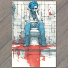 Art Print Blue Hair Girl Toilet Bloody Floor Grimy Walls Red Hands Shadows