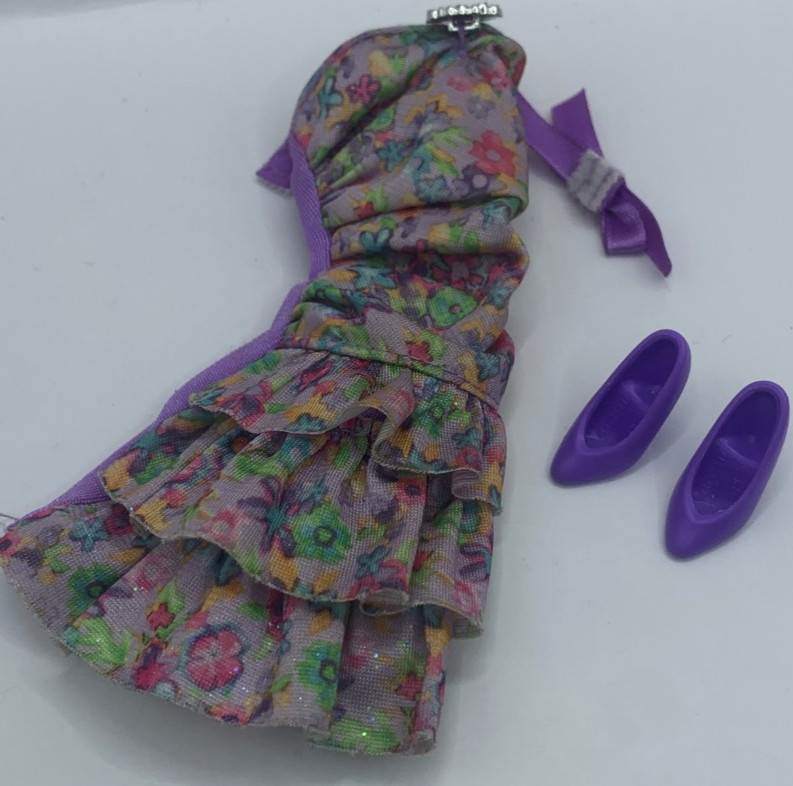 Vintage Barbie Fashion Outfit Fashionistas Clothing Purple Floral Dress Shoes