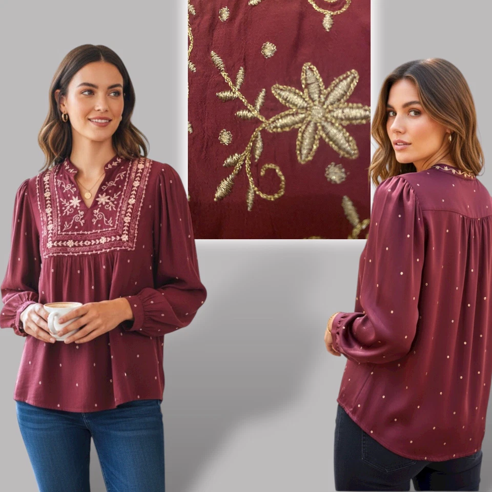Monsoon Womens V-Neck Top Long Sleeve Relaxed Fit Gold Red Burgundy Size M UK - Image 2 of 4