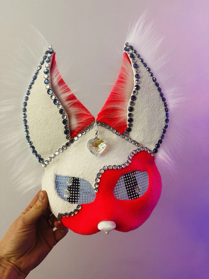 Therian Mask Alien Cat Design White and Pink (Very Bright) Cosplay Mask - Image 2 of 4