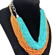 Multistrand Turquoise  Coral Seed Bead Necklaces Set 2 Boho Statement India