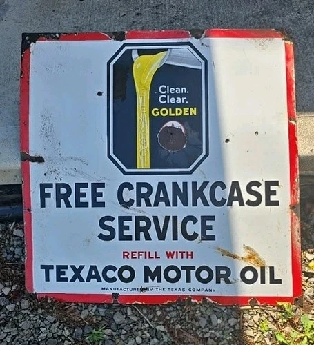 Texaco Motor Oil Vintage Porcelain Enamel Sign 30"x30" Original