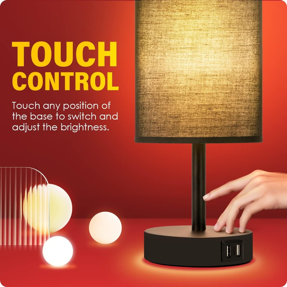 Bedside Lamps with USB Port - Touch Control Table Lamp for Bedroom 3 Way Black