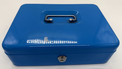 METALL SCHLOSSKASTEN MIT ABNEHMBARER SCHUBLADE BLAU FARBIG MIT SCHLÜSSEL 26 CM X 18,5 CM X 8,5 CM HOCH