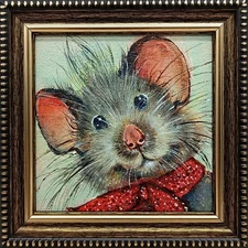 Original oil painting signed framed  4x4 inches Mouse
