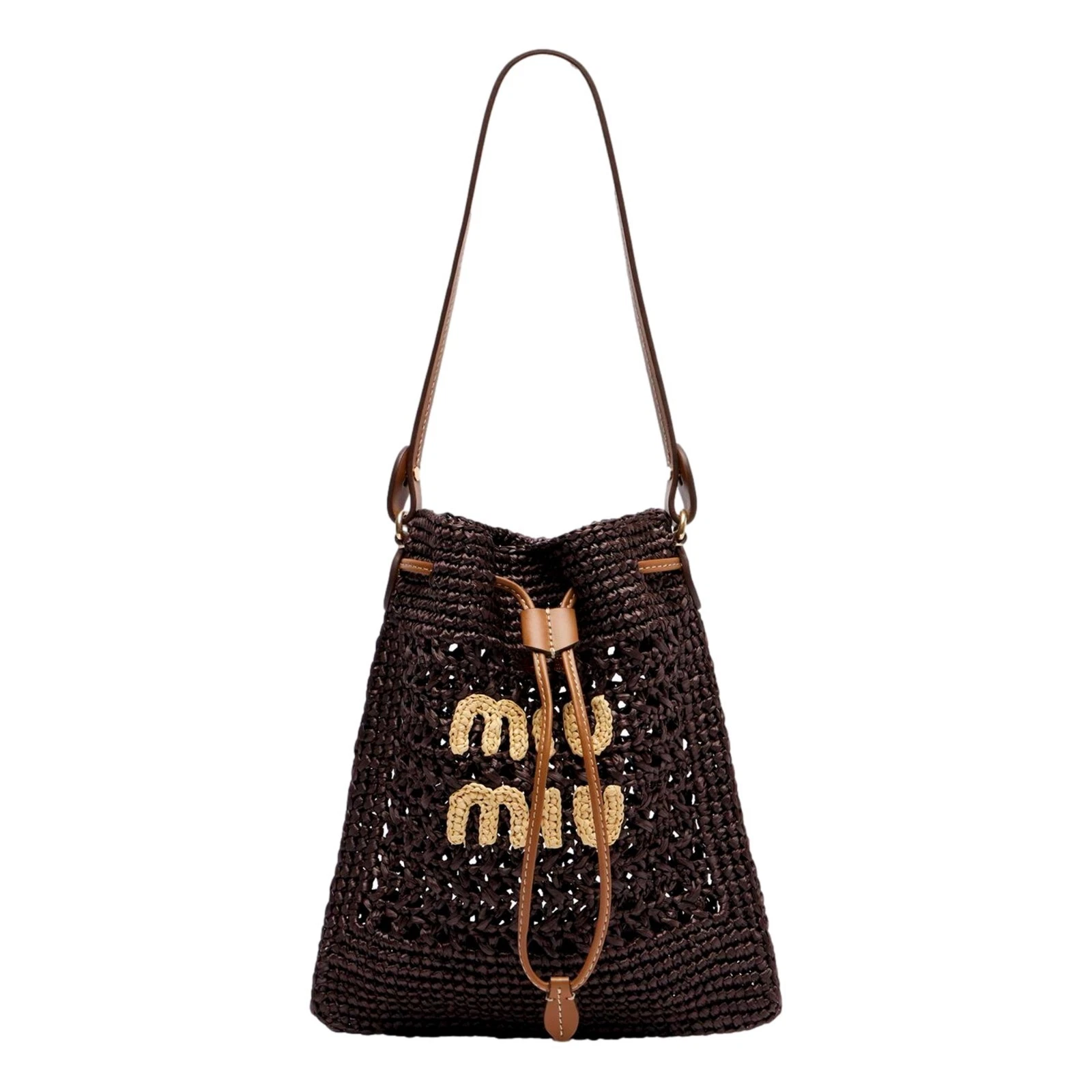 Miu Miu — Miu Miu Woven Raffia Mini Bucket Bag in Chocolate Brown