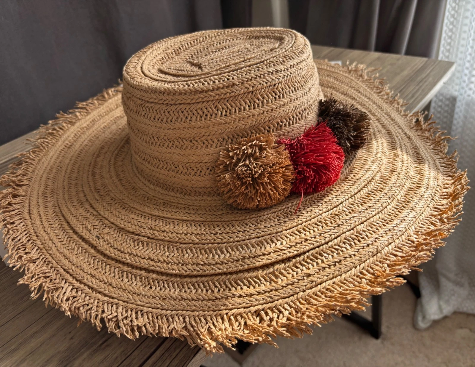 J Jill NWT Women's Straw Floppy Wide Brim Sun Beach Hat with Pom Pom Trim