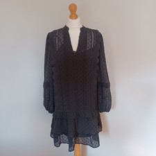 Love & Roses Women UK 10 Black Lace Trim Textured Smock Dress Boho