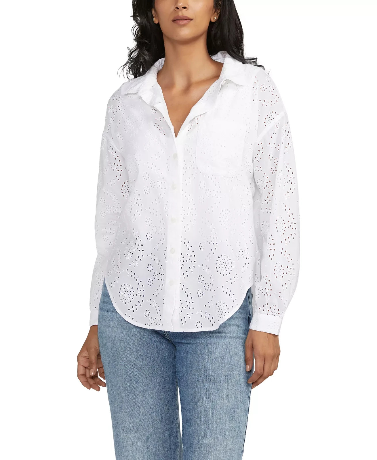 JAG  Women Relaxed Button-Down Shirt Small Eyelet White