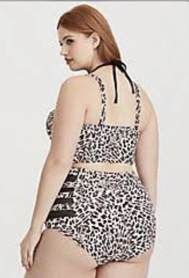 Traje de baño torrido nuevo con etiquetas raro estampado de guepardo de leopardo negro malla halter 1 1X 14 16 Foto 4 de 4