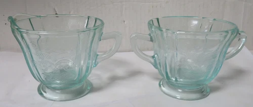 Vintage Kitchen Federal Glass Turquoise Teal Sugar & Creamer Madrid Pattern
