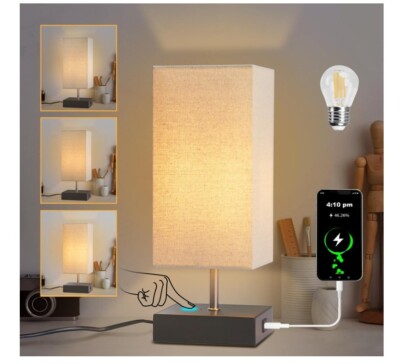 Nachttischlampe mit USB Anschluss, Tischlampe aus Stoff Lampenschirm 2er Set