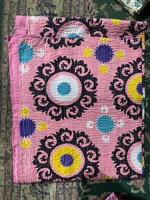 Indian Light Pink Vintage Handmade Throw Kantha Quilt,Blanket Hand Stitched 