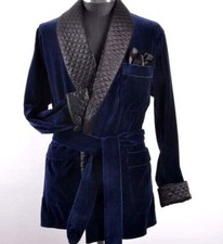 Velvet Quilted Robe For Men Vintage Smoking Evening Dressing Gown Jacket Coat