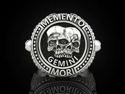 Memento Mori Gemini Zodiac  Signet Ring Sterling Silver 925 original Design