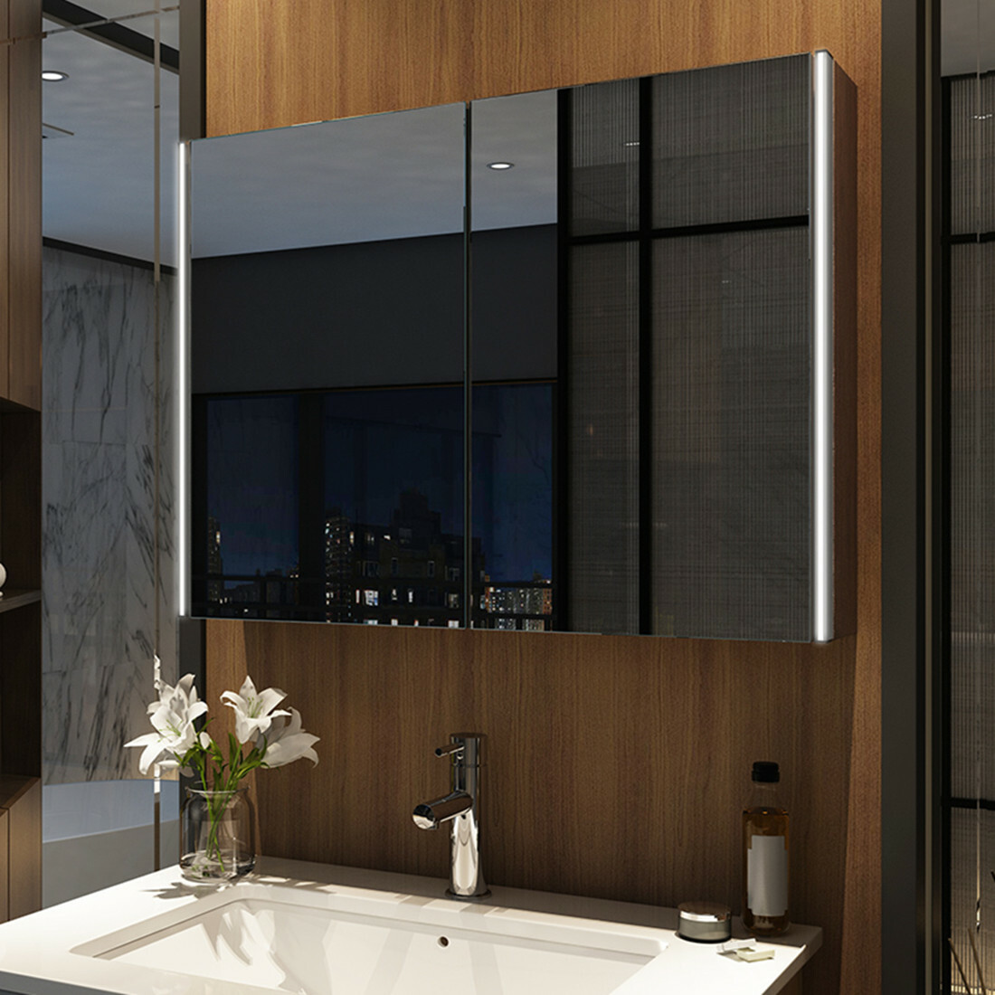 Spiegelschrank LED Badezimmer Spiegelschrank mit Touch Bluetooth Uhr